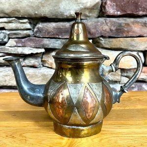 VTG Moroccan Teapot Handcrafted Silver Copper Brass Pieced Boho Decorative